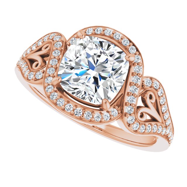 Cubic Zirconia Engagement Ring- The Alexis Rose (Customizable Cushion Cut Design with Bypass Halo and Split-Shared Prong Band)