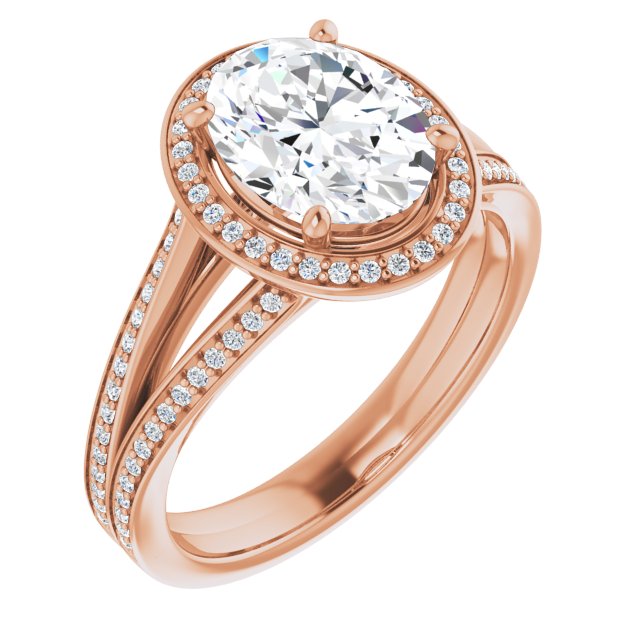 10K Rose Gold Customizable Oval Cut Design with Split-Band Shared Prong & Halo