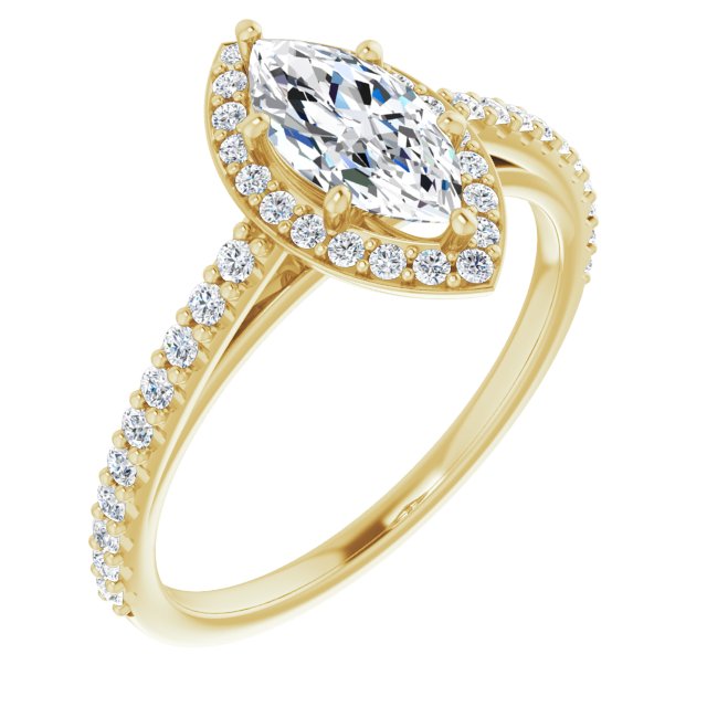 10K Yellow Gold Customizable Marquise Cut Design with Halo and Thin Pavé Band