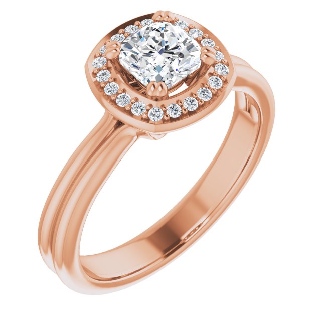 10K Rose Gold Customizable Cushion Cut Style with Scooped Halo and Grooved Band