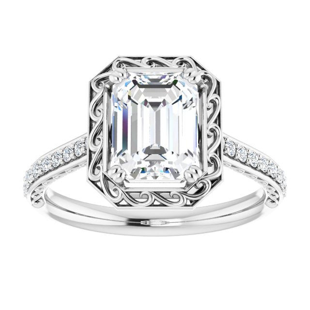 Cubic Zirconia Engagement Ring- The Montserrat  (Customizable Emerald Cut Halo Design with Filigree and Accented Band)
