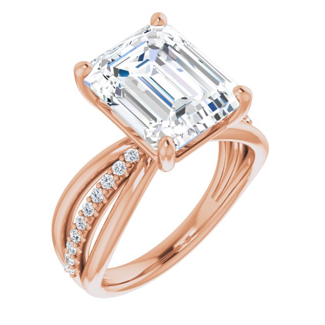 10K Rose Gold Customizable Emerald/Radiant Cut Design with Tri-Split Accented Band