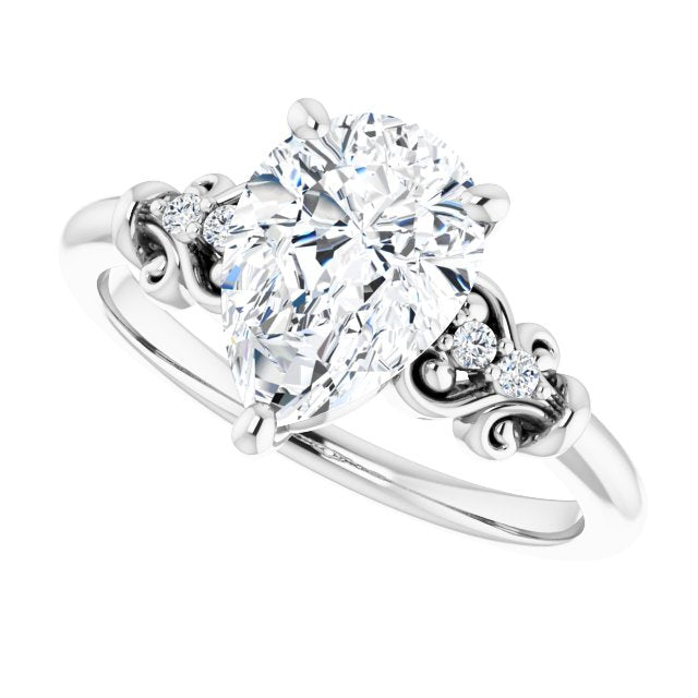 Cubic Zirconia Engagement Ring- The Amice (Customizable Vintage 5-stone Design with Pear Cut Center and Artistic Band Décor)