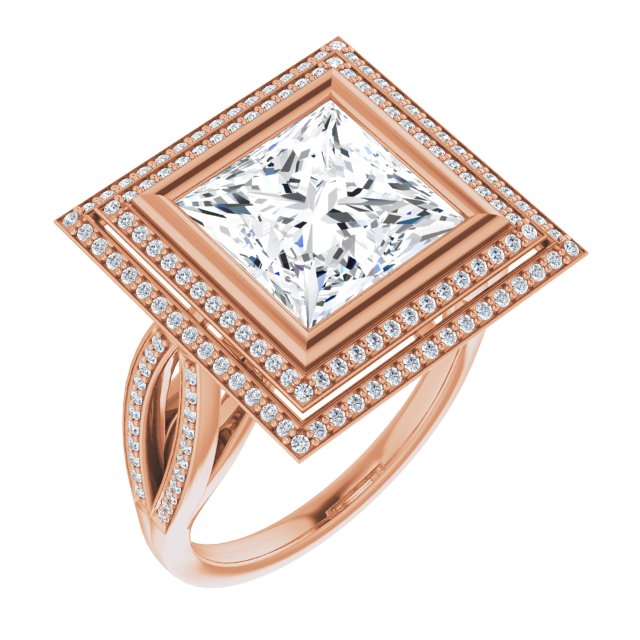 10K Rose Gold Customizable Bezel-set Princess/Square Cut Style with Double Halo and Split Shared Prong Band