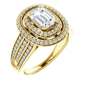 Cubic Zirconia Engagement Ring- The Shay (Customizable Emerald Cut Ultra-wide w/ Double-Halo and Triple-Pavé Band)