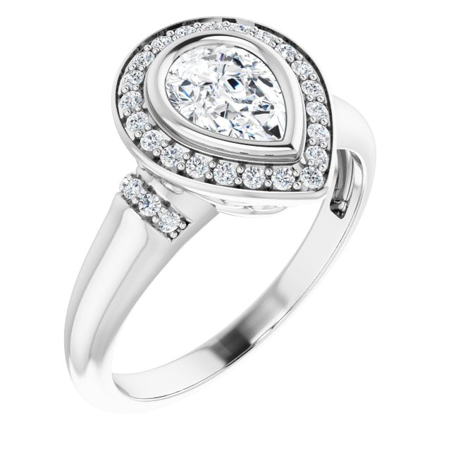 10K White Gold Customizable Bezel-set Pear Cut Design with Halo and Vertical Round Channel Accents
