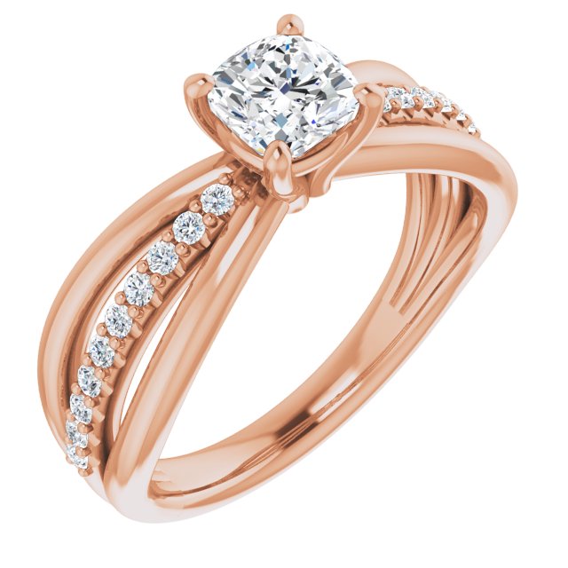 10K Rose Gold Customizable Cushion Cut Design with Tri-Split Accented Band