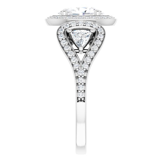 Cubic Zirconia Engagement Ring- The Cordelia (Customizable Cathedral-set Oval Cut Design with 2 Trillion Cut Accents, Halo and Split-Shared Prong Band)