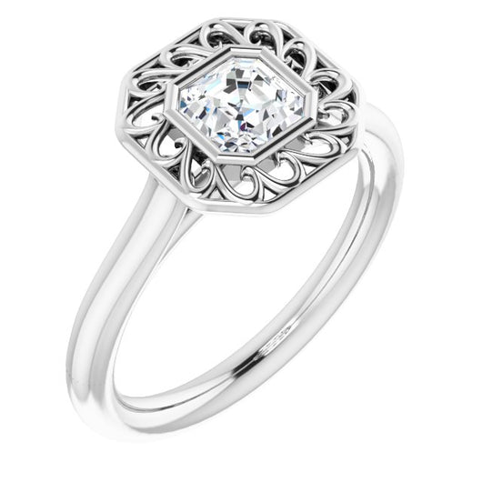 10K White Gold Customizable Cathedral-Bezel Style Asscher Cut Solitaire with Flowery Filigree