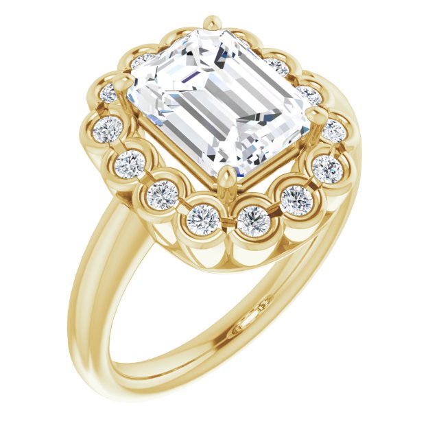 10K Yellow Gold Customizable 13-stone Emerald/Radiant Cut Design with Floral-Halo Round Bezel Accents