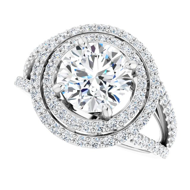 Cubic Zirconia Engagement Ring- The Carly Anne (Customizable Round Cut Design with Double Halo and Wide Split-Pavé Band)