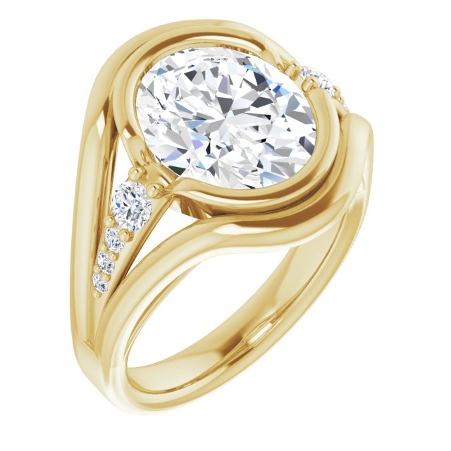 10K Yellow Gold Customizable 9-stone Oval Cut Design with Bezel Center, Wide Band and Round Prong Side Stones