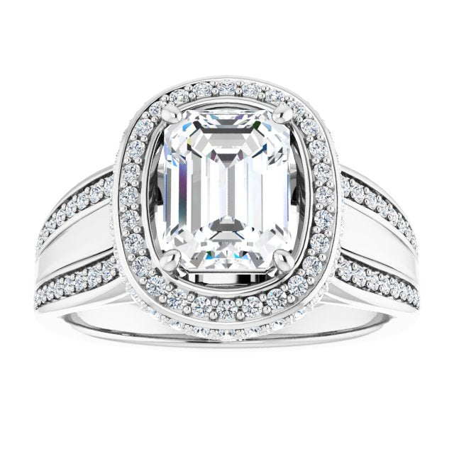 Cubic Zirconia Engagement Ring- The Deena (Customizable Halo-style Emerald Cut with Under-halo & Ultra-wide Band)