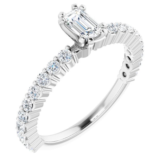 10K White Gold Customizable 8-prong Emerald/Radiant Cut Design with Thin, Stackable Pav? Band