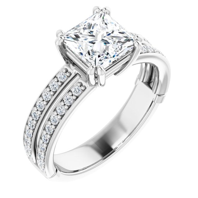 14K White Gold Customizable Princess/Square Cut Design featuring Split Band with Accents