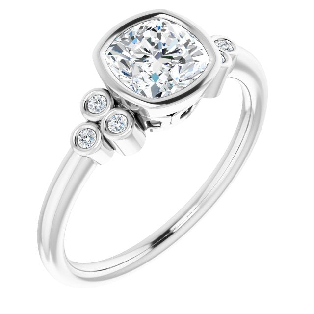 10K White Gold Customizable 7-stone Cushion Cut Style with Triple Round-Bezel Accent Cluster Each Side