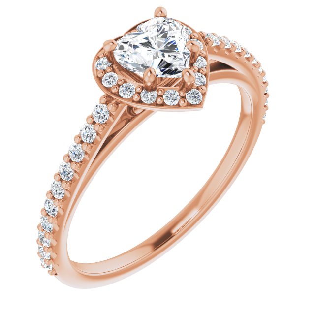 10K Rose Gold Customizable Heart Cut Design with Halo and Thin Pavé Band