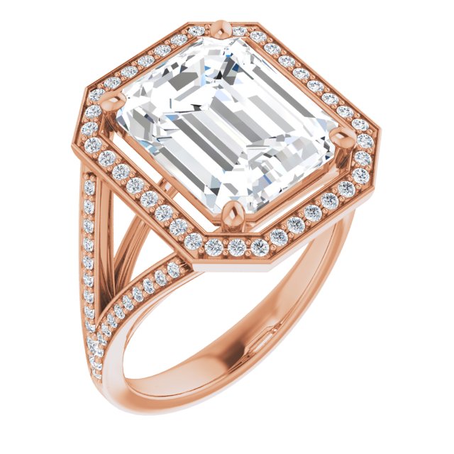 10K Rose Gold Customizable Cathedral-Halo Emerald/Radiant Cut Style featuring Split-Shared Prong Band