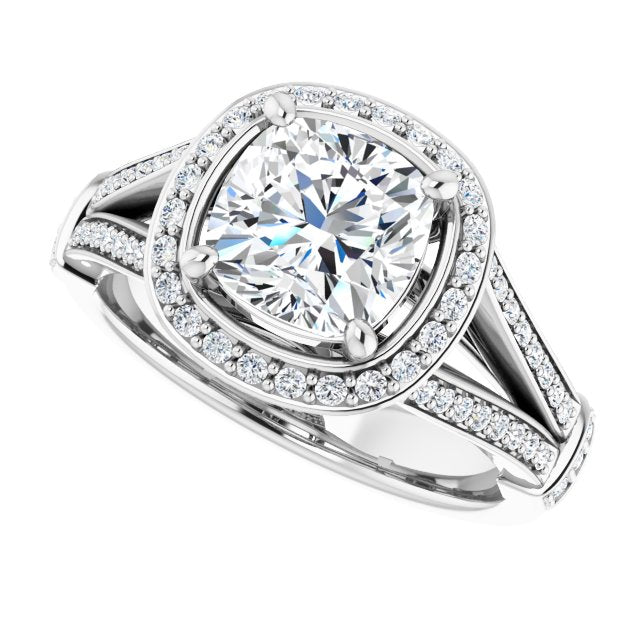 Cubic Zirconia Engagement Ring- The Cecelia (Customizable Cushion Cut Setting with Halo, Under-Halo Trellis Accents and Accented Split Band)