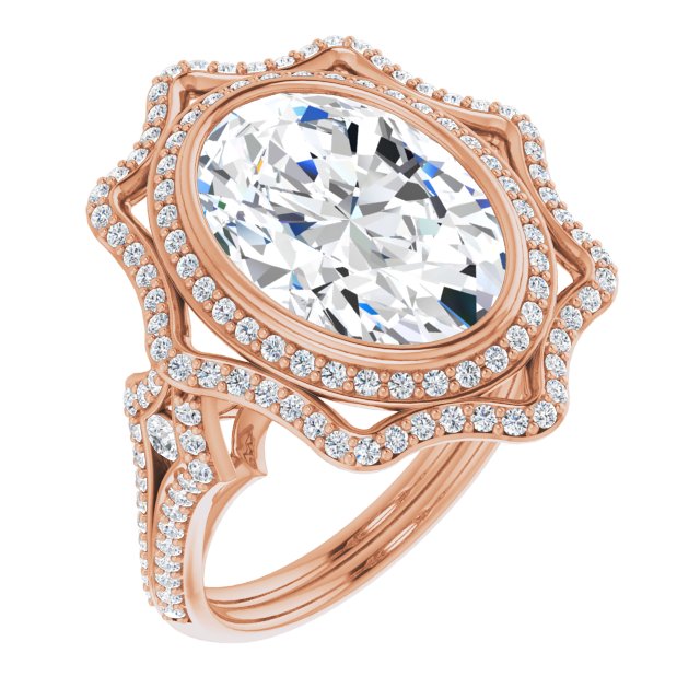 10K Rose Gold Customizable Oval Cut Style with Ultra-wide Pavé Split-Band and Nature-Inspired Double Halo