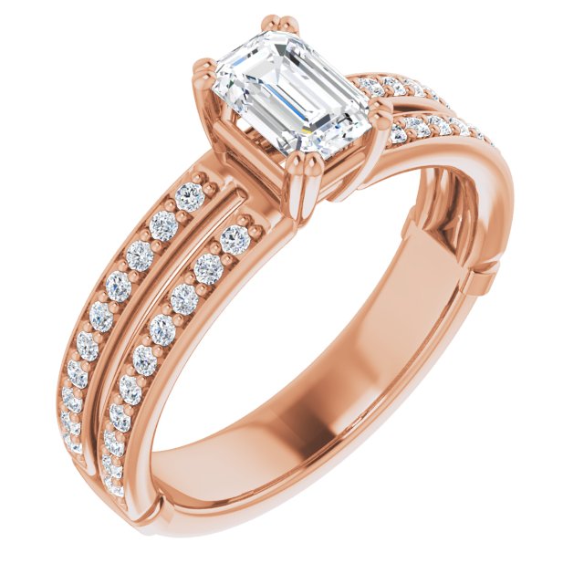 10K Rose Gold Customizable Emerald/Radiant Cut Design featuring Split Band with Accents