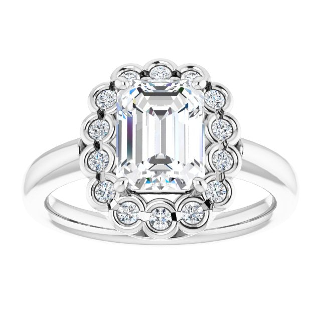 Cubic Zirconia Engagement Ring- The Aabha (Customizable 13-stone Radiant Cut Design with Floral-Halo Round Bezel Accents)