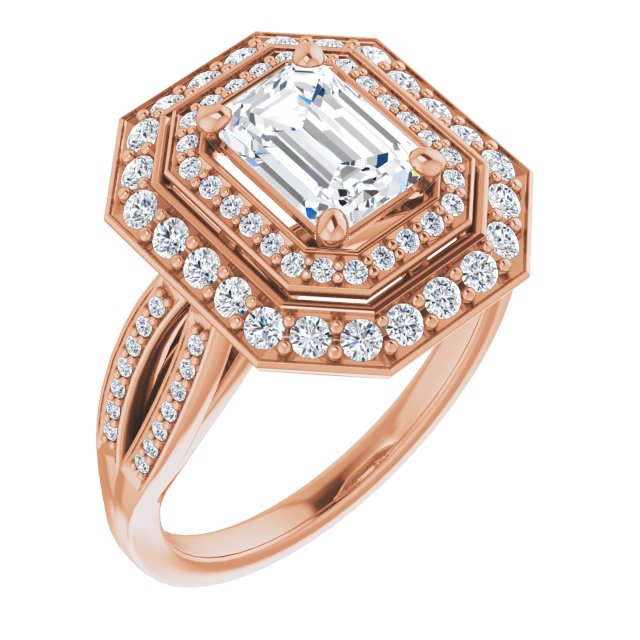 10K Rose Gold Customizable Cathedral-style Emerald/Radiant Cut Design with Double Halo & Split-Pavé Band