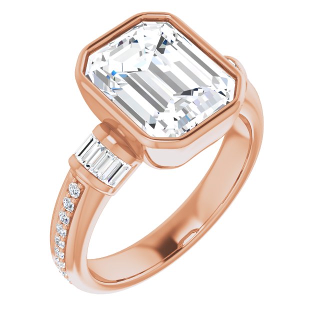 10K Rose Gold Customizable Cathedral-Bezel Emerald/Radiant Cut Style with Horizontal Baguettes & Shared Prong Band