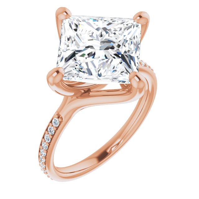 10K Rose Gold Customizable Princess/Square Cut Design featuring Thin Band and Shared-Prong Round Accents