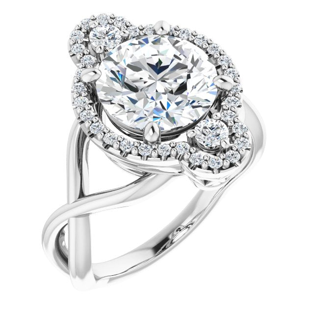 14K White Gold Customizable Vertical 3-stone Round Cut Design Enhanced with Multi-Halo Accents and Twisted Band