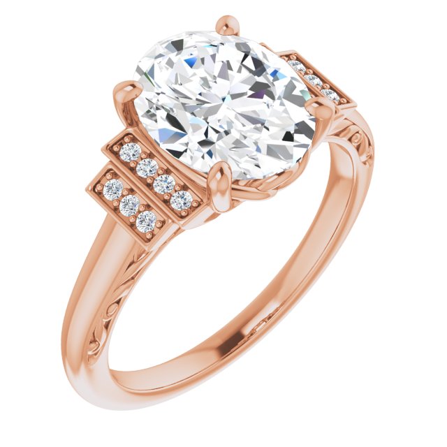 10K Rose Gold Customizable Engraved Design with Oval Cut Center and Perpendicular Band Accents