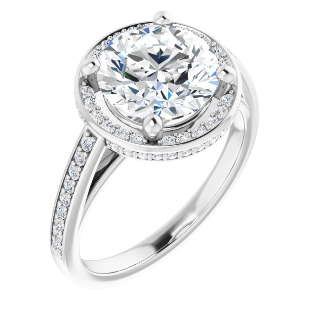 18K White Gold Customizable Cathedral-Halo Round Cut Design with Under-halo & Shared Prong Band