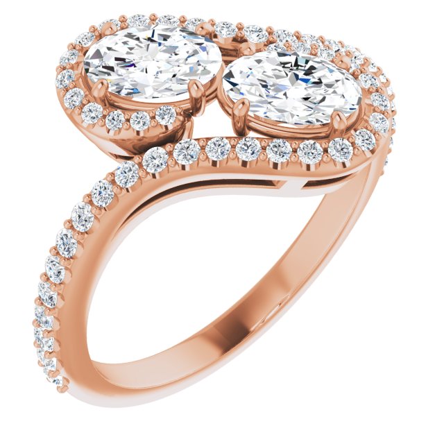 10K Rose Gold Customizable Double Oval Cut 2-Stone Style Enhanced with Accented Artisan Bypass Band