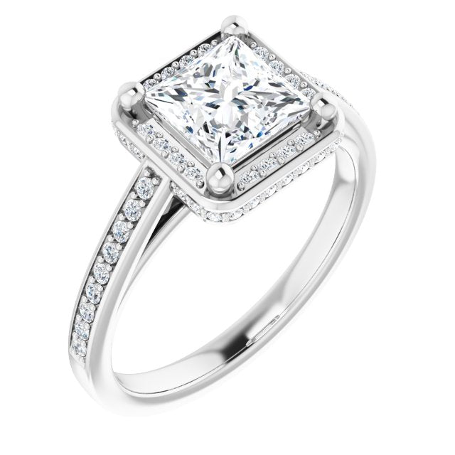 10K White Gold Customizable Cathedral-Halo Princess/Square Cut Design with Under-halo & Shared Prong Band