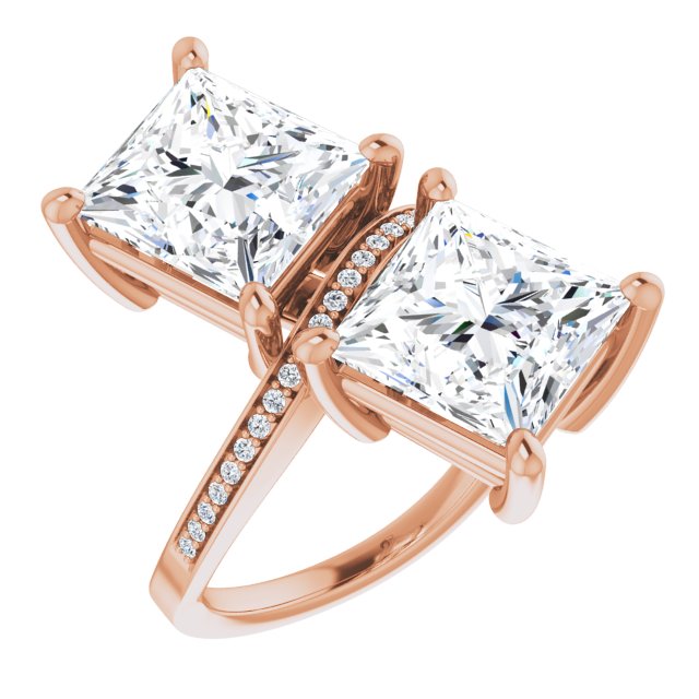 10K Rose Gold Customizable 2-stone Princess/Square Cut Bypass Design with Thin Twisting Shared Prong Band