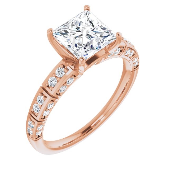 14K Rose Gold Customizable Princess/Square Cut Style with Three-sided, Segmented Shared Prong Band