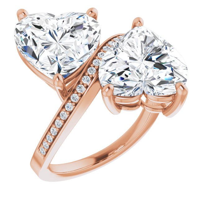 10K Rose Gold Customizable 2-stone Heart Cut Bypass Design with Thin Twisting Shared Prong Band