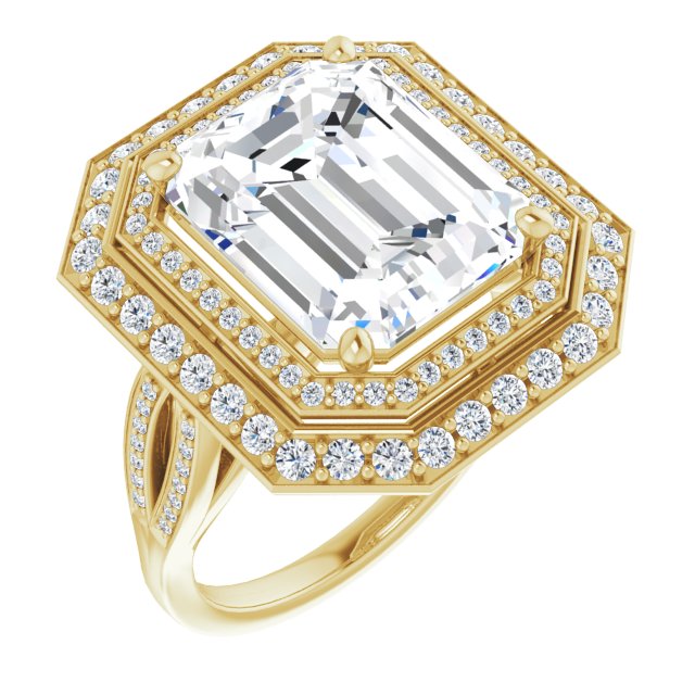 10K Yellow Gold Customizable Cathedral-style Emerald/Radiant Cut Design with Double Halo & Split-Pavé Band