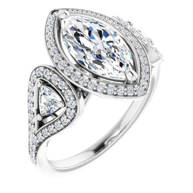 Cubic Zirconia Engagement Ring- The Cordelia (Customizable Cathedral-set Marquise Cut Design with 2 Trillion Cut Accents, Halo and Split-Shared Prong Band)