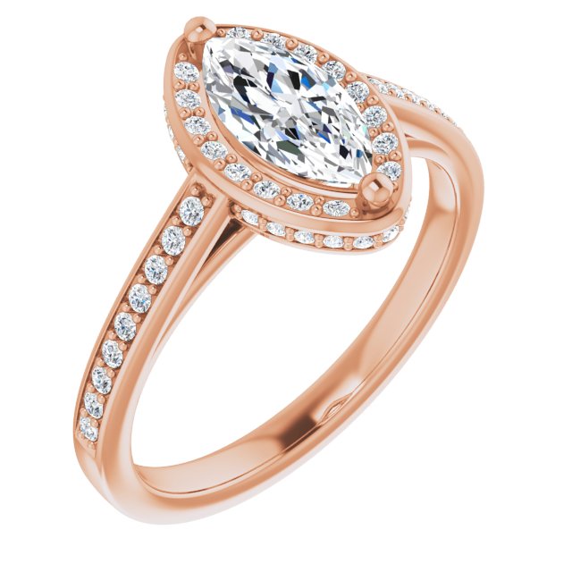10K Rose Gold Customizable Cathedral-Halo Marquise Cut Design with Under-halo & Shared Prong Band