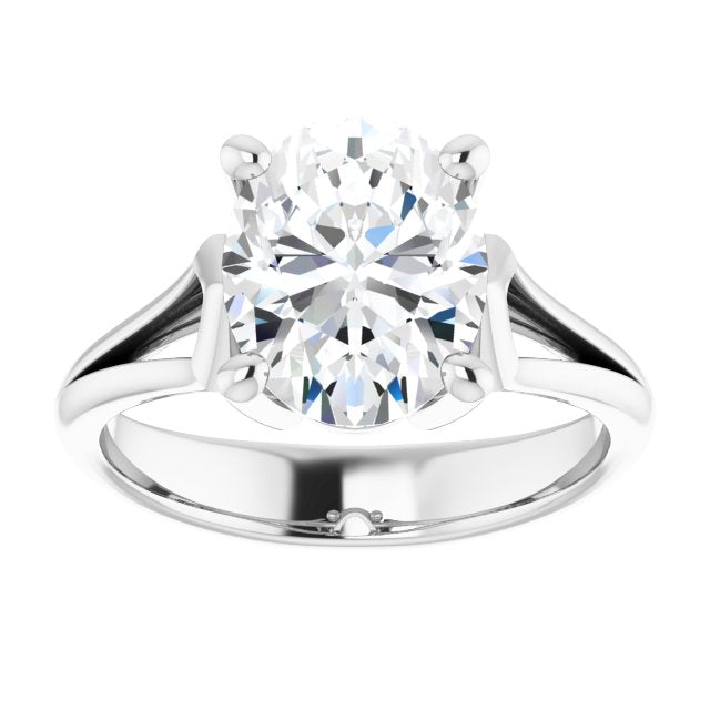 Cubic Zirconia Engagement Ring- The Frankie (Customizable Cathedral-Raised Oval Cut Solitaire with Angular Chevron Split Band)