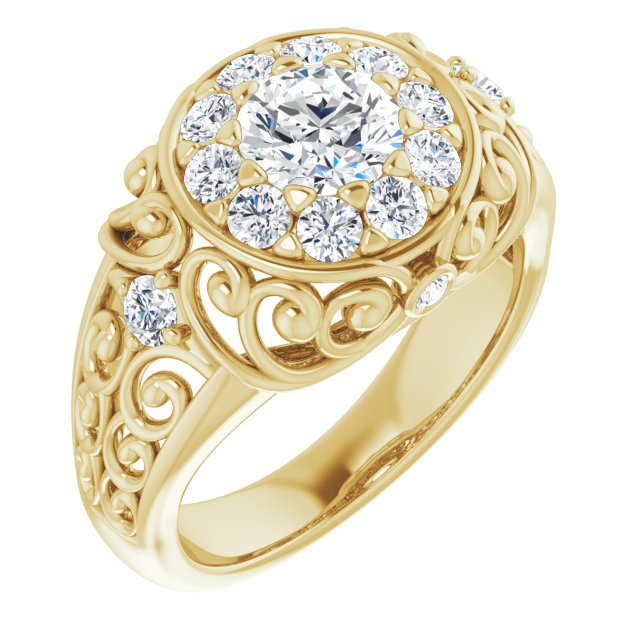 10K Yellow Gold Customizable Round Cut Halo Style with Round Prong Side Stones and Intricate Metalwork