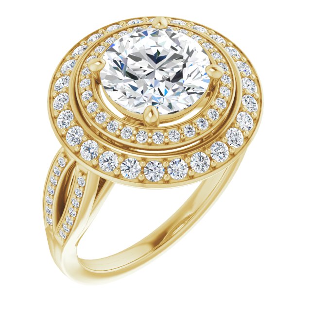 14K Yellow Gold Customizable Cathedral-style Round Cut Design with Double Halo & Split-Pavé Band