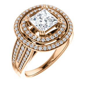 Cubic Zirconia Engagement Ring- The Shay (Customizable Princess Cut Ultra-wide w/ Double-Halo and Triple-Pavé Band)