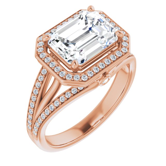 10K Rose Gold Customizable High-set Emerald/Radiant Cut Design with Halo, Wide Tri-Split Shared Prong Band and Round Bezel Peekaboo Accents