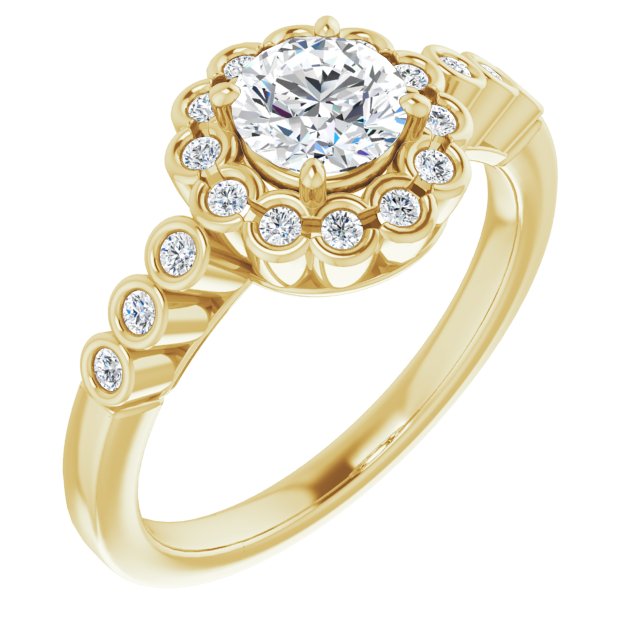 10K Yellow Gold Customizable Round Cut Design with Round-bezel Halo and Band Accents