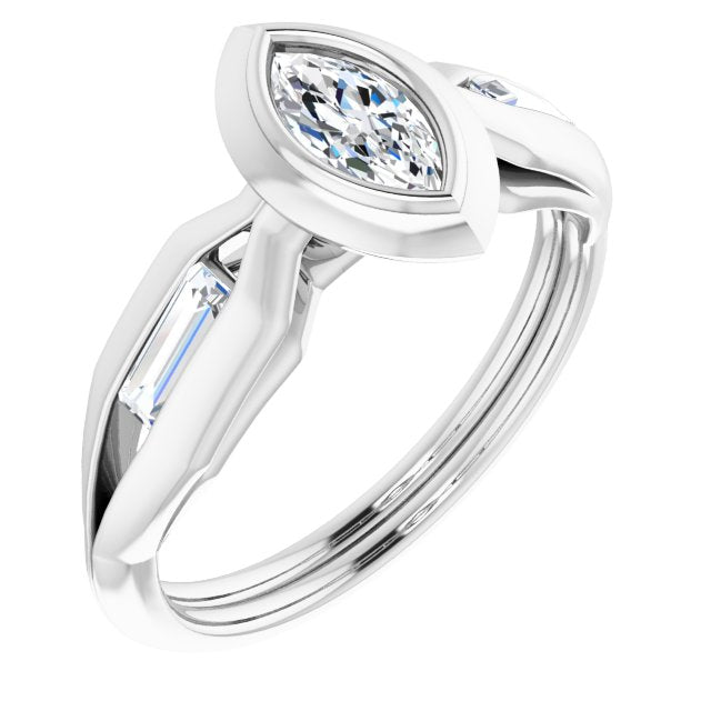 10K White Gold Customizable Bezel-set Marquise Cut Design with Wide Split Band & Tension-Channel Baguette Accents