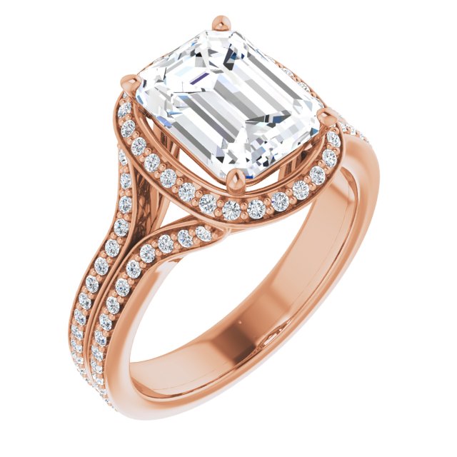 10K Rose Gold Customizable Cathedral-raised Emerald/Radiant Cut Setting with Halo and Shared Prong Band
