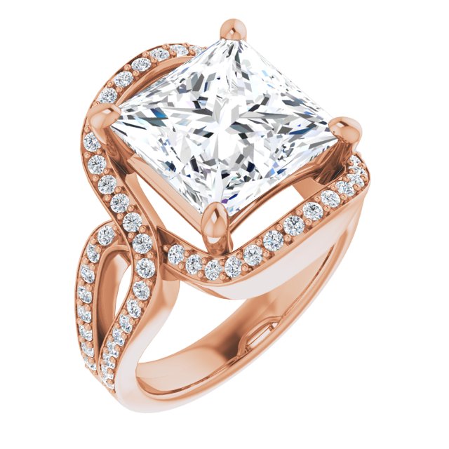 10K Rose Gold Customizable Princess/Square Cut Center with Infinity-inspired Split Shared Prong Band and Bypass Halo