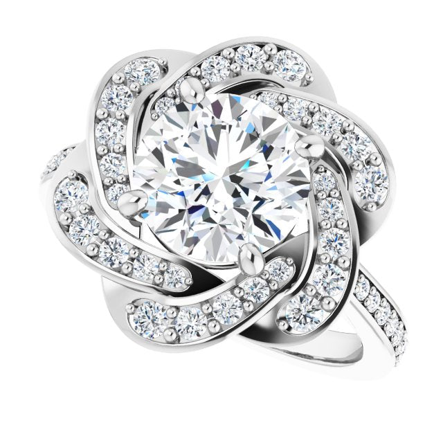 Cubic Zirconia Engagement Ring- The Lana (Customizable Cathedral-raised Round Cut Design with Floral/Knot Halo and Thin Accented Band)